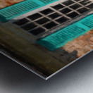 Painting of blue shutters against a white painted brick wall in  Metal print