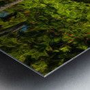 Red canoe on dock reflecting into calm lake in oil painting Metal print