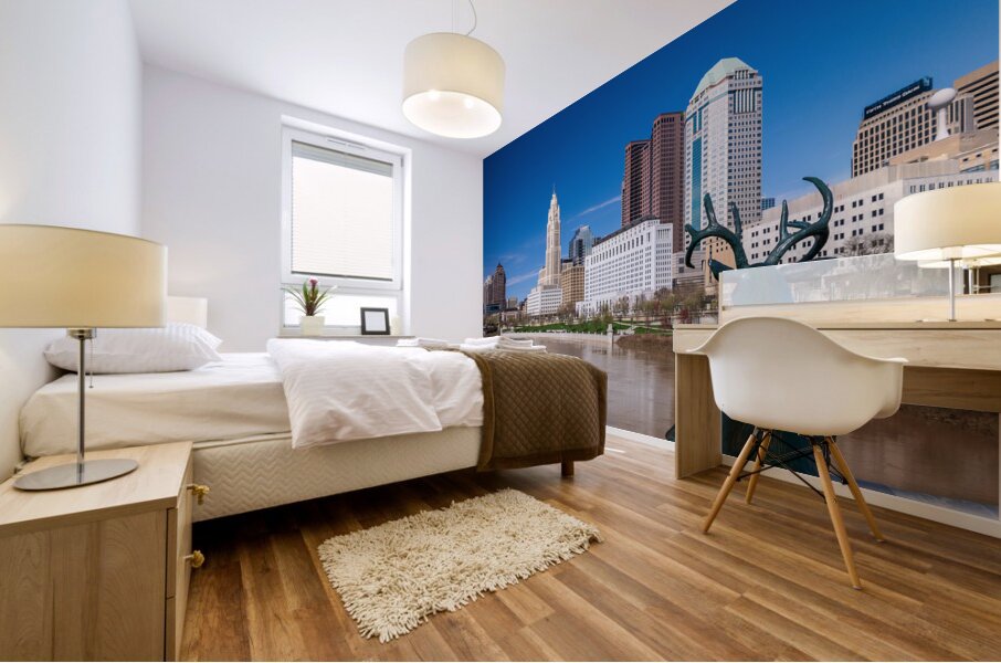 Scioto Lounge statue by waterfront looking at Columbus skyline Mural print