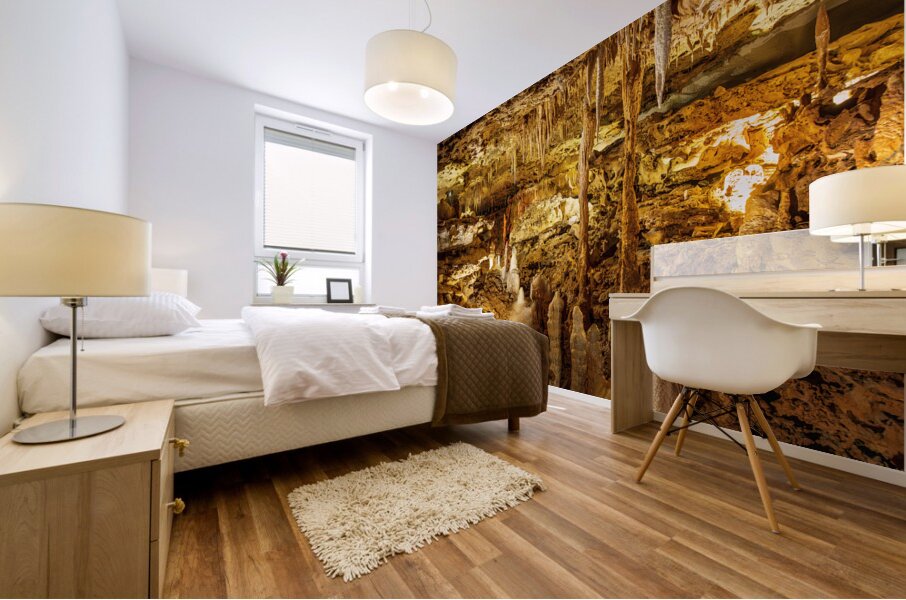 Geologic formations of stalactites and stalagmites in Texas cave Mural print