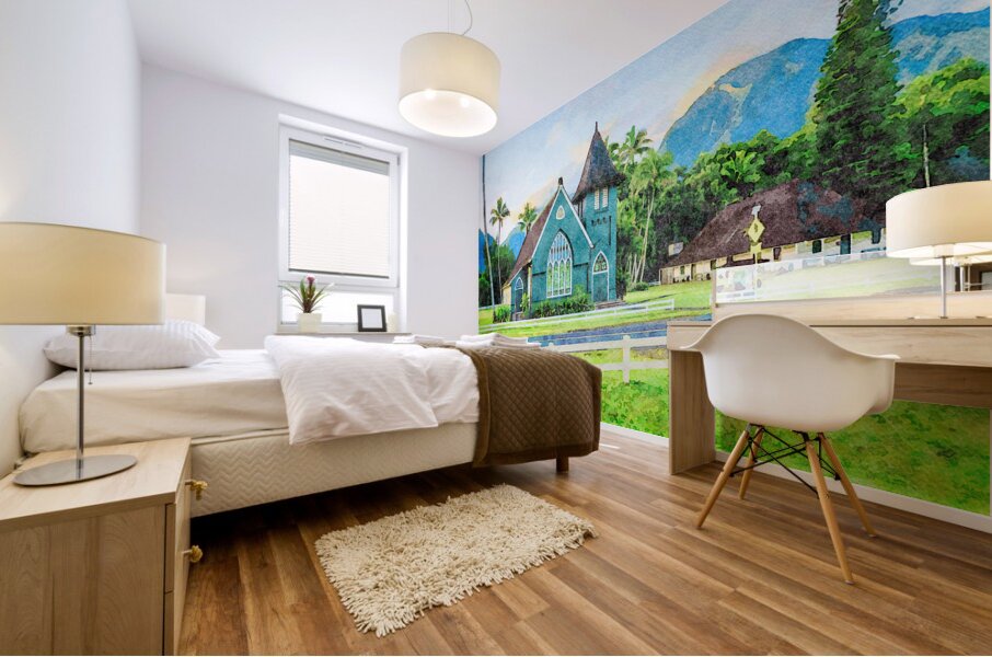 Waioli Huiia Church stands in Hanalei Kauai in watercolor Mural print