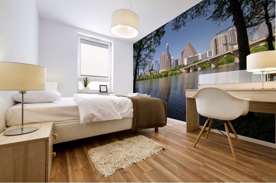 Fisheye lens view of Austin skyline including Congress bridge Mural print