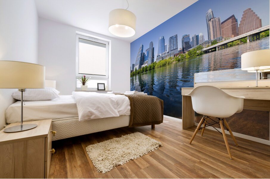 Fisheye lens view of Austin skyline including Lady Bird Lake Mural print