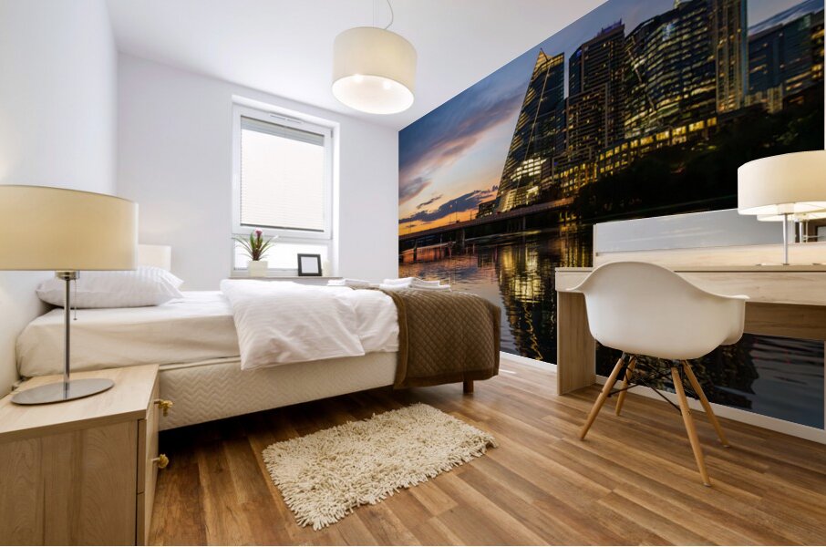 Sail like building with modern office blocks in Austin Texas sky Mural print