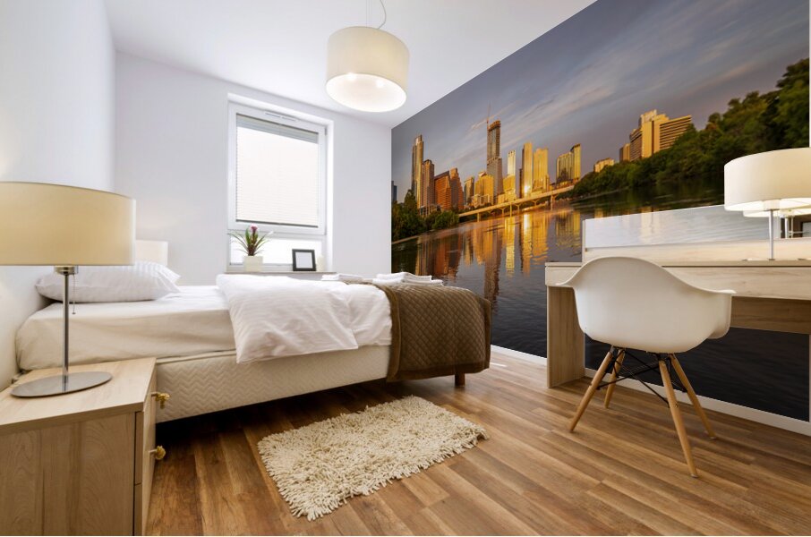 Waterline dominates city skyline of Austin Texas at sunset in 20 Mural print