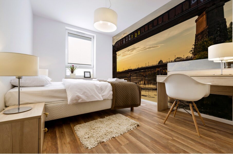 Bridges behind the railroad bridge in Austin at sunset Mural print