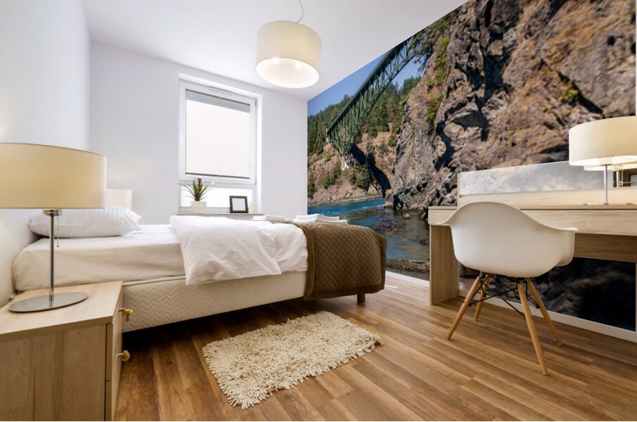 Turbulent water of Deception Pass under historic cantilevered br Mural print