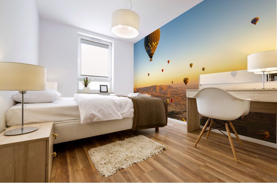 Hot air balloons in sunrise flight over Valley of the Kings in L Mural print