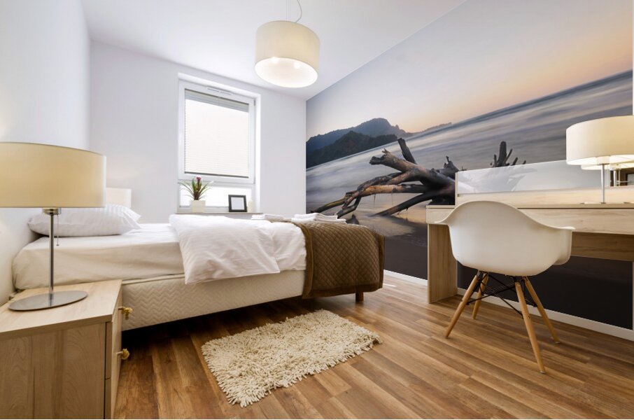 Whisper of the Tide driftwood on Hanalei bay beach at sunrise Mural print