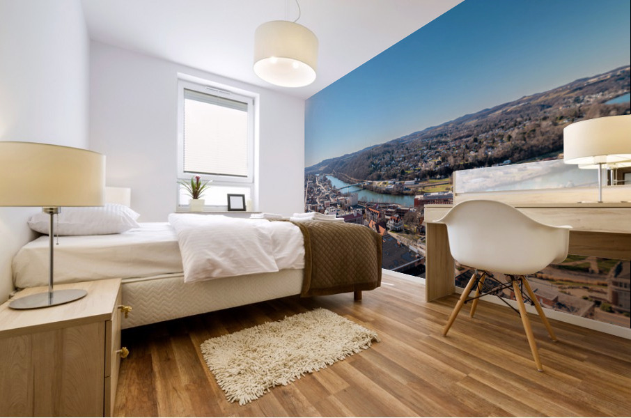 Aerial drone panorama of the downtown and university in Morgantown West Virginia Mural print