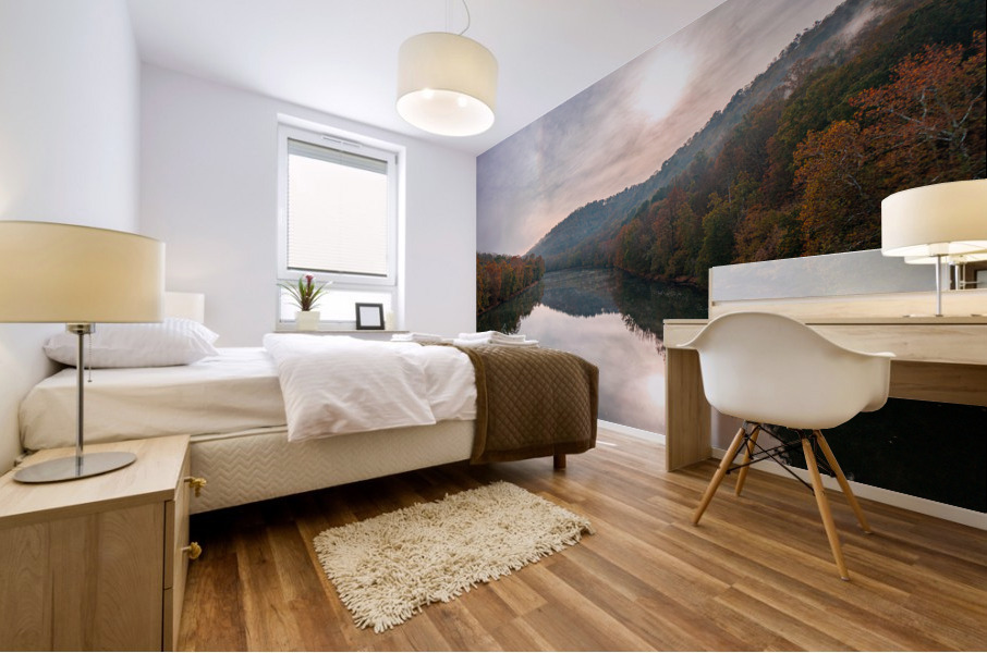 Calm Tygart River by Valley Falls on a misty autumn day Mural print