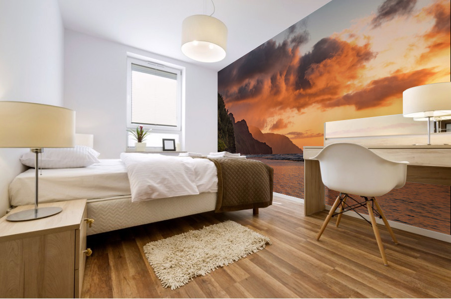 Sunset over the receding mountains of the Na Pali coast of Kauai in Hawaii Mural print