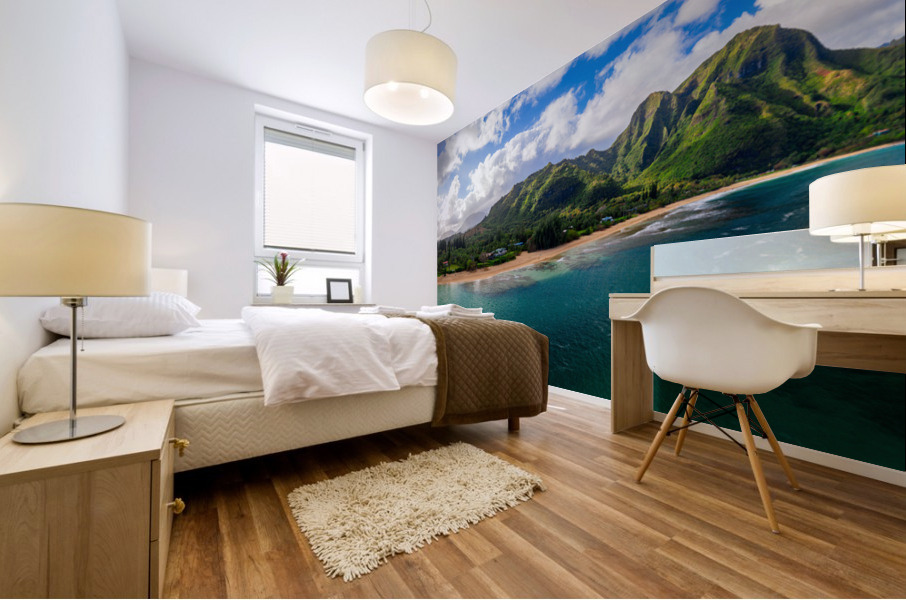 Aerial drone panorama of Tunnels Beach Kauai Hawaii Mural print