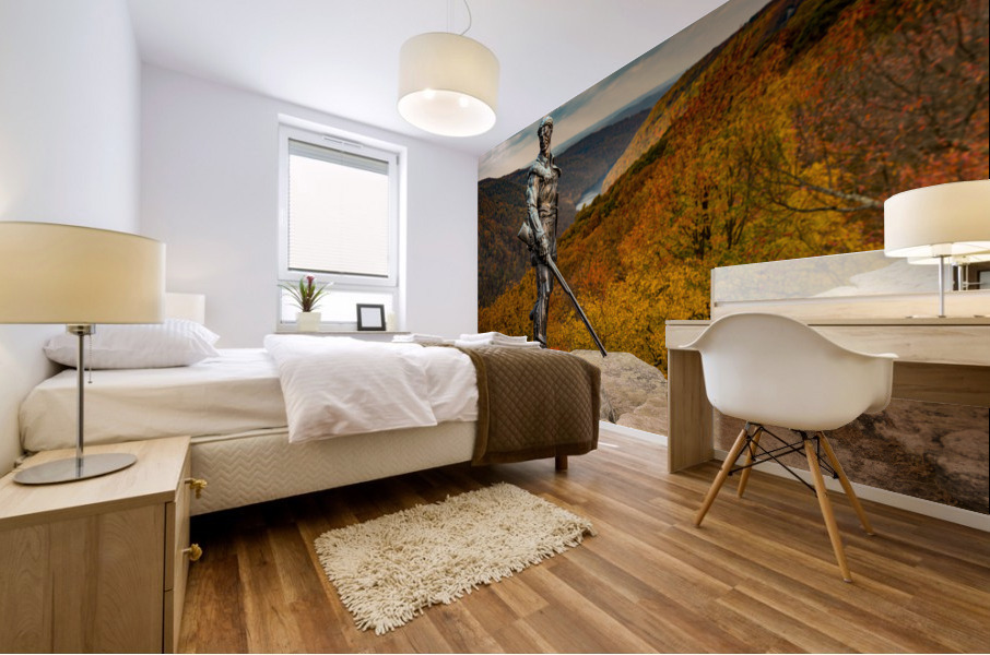 Mountaineer statue from WVU with fall leaves in West Virginia Mural print