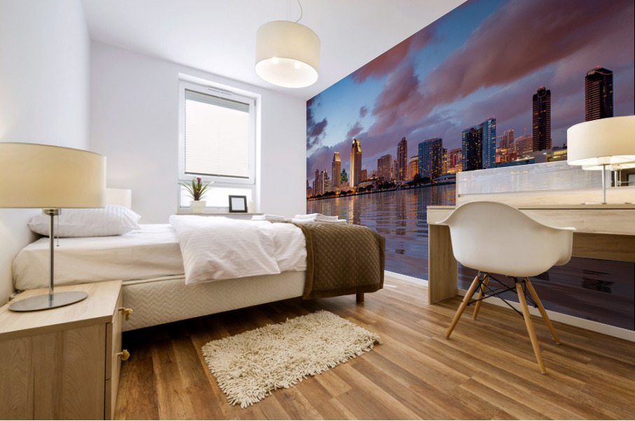 San Diego skyline at dusk reflected in sea Mural print