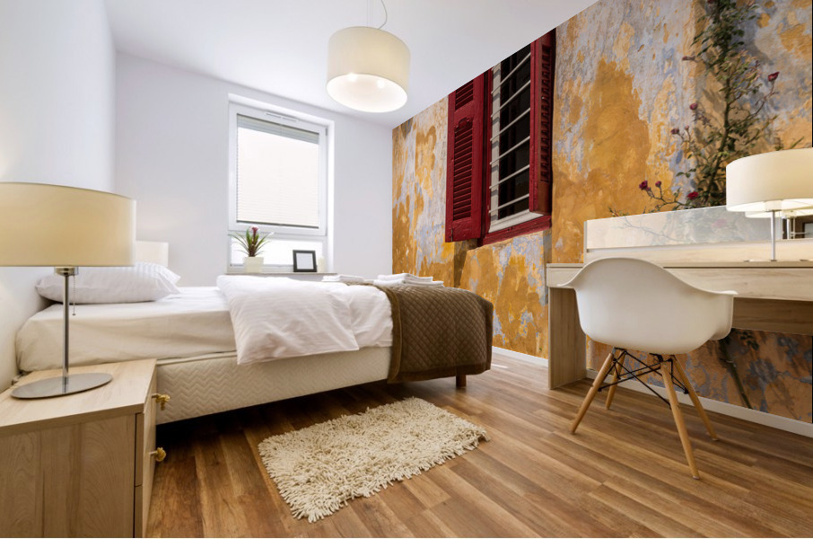 Red shutters on window in Anafiotika in Athens Mural print