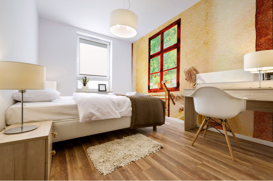 Water color of woman working on embroidery Mural print