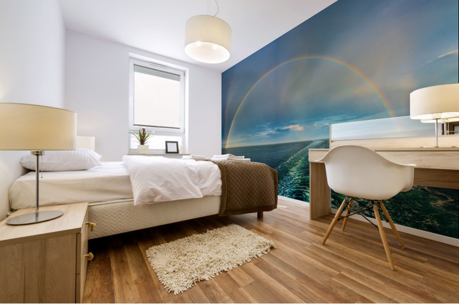 Dramatic double rainbow over wake of ship Mural print