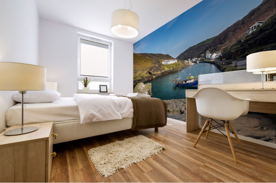 Fishing boats in harbor of Boscastle Cornwall Mural print