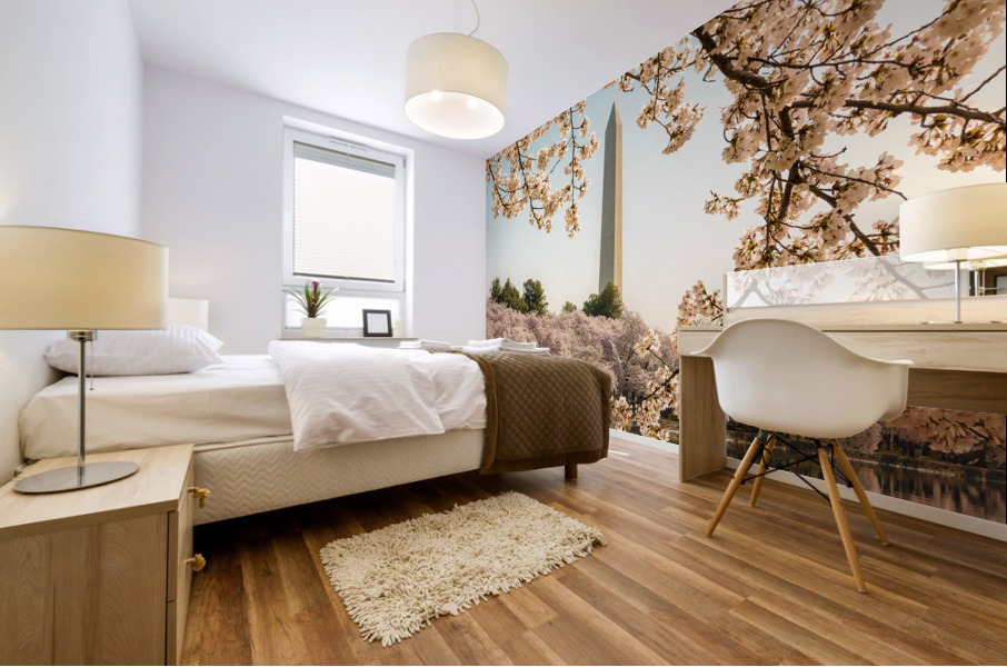 Washington Monument towers above blossoms Mural print