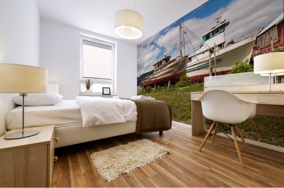 Historic but rotting fishing boats by ocean at Icy Strait Point Mural print