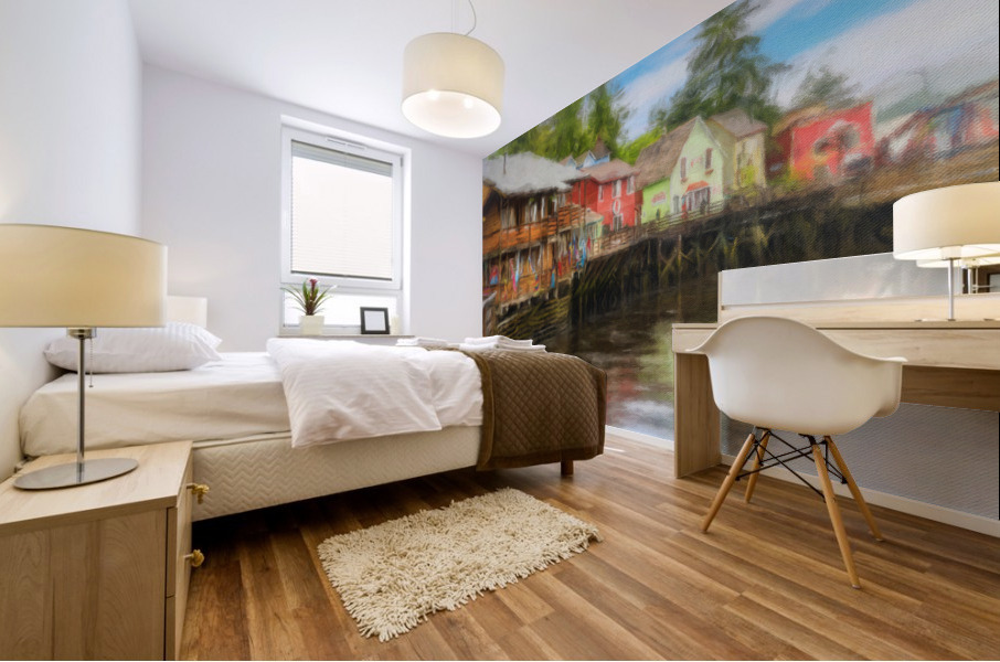 Painting of Creek Street wharf in Ketchikan Alaska Mural print