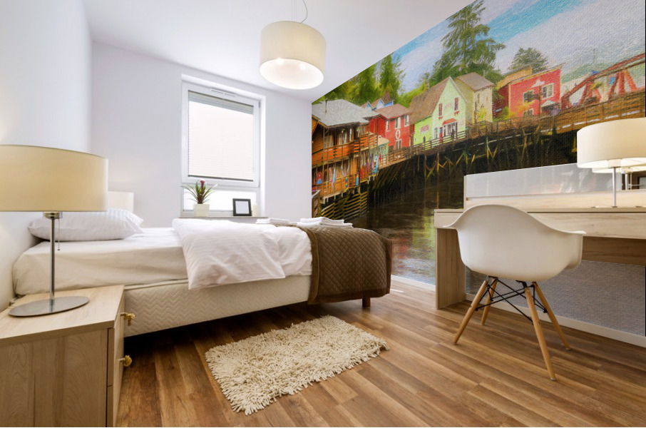Painting of Creek Street wharf in Ketchikan Alaska Mural print