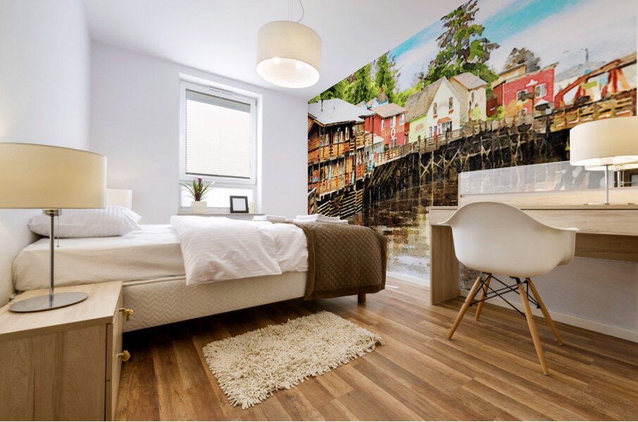 Painting of Creek Street wharf in Ketchikan Alaska Mural print