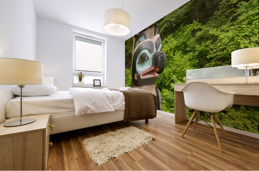 Detail of carved totem pole in the Sitka National Historical Par Mural print