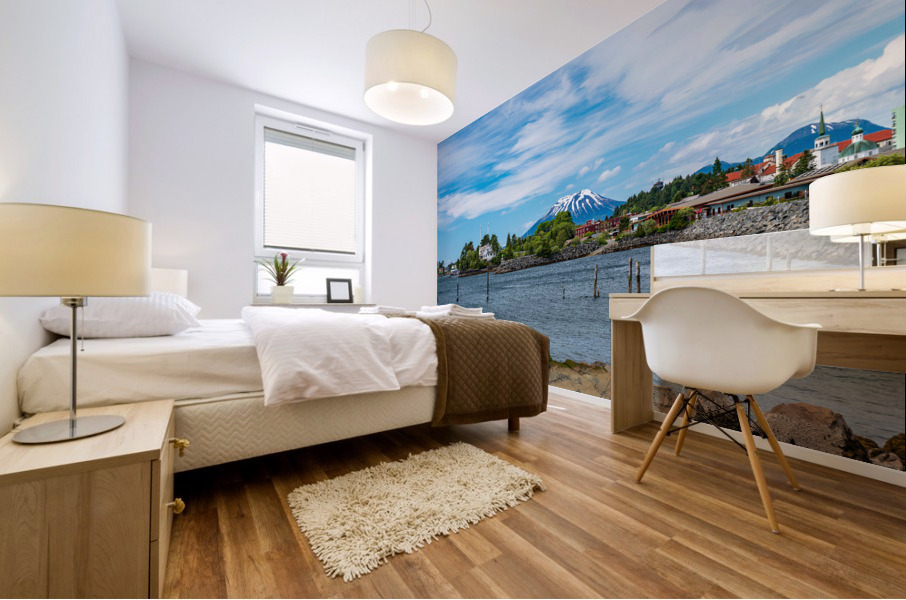 Mt Edgecumbe rises about the small town of Sitka in Alaska Mural print