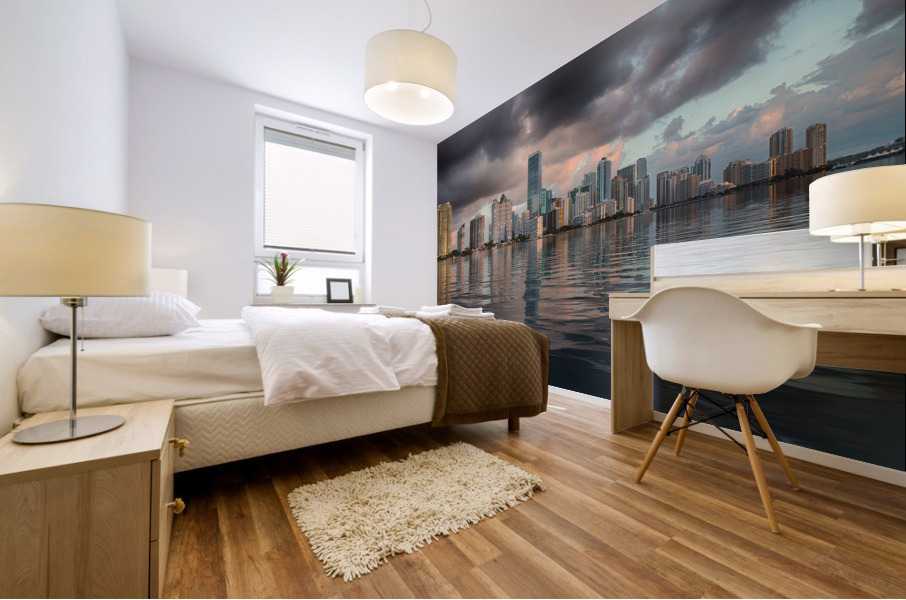 Dawn view of Miami Skyline reflected in water Mural print