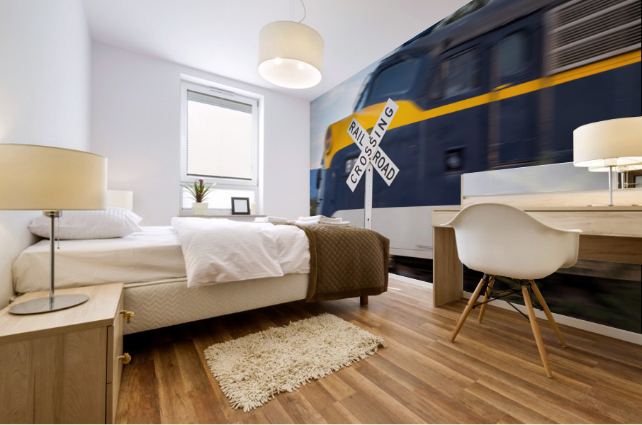 Diesel engine with railroad crossing sign Mural print