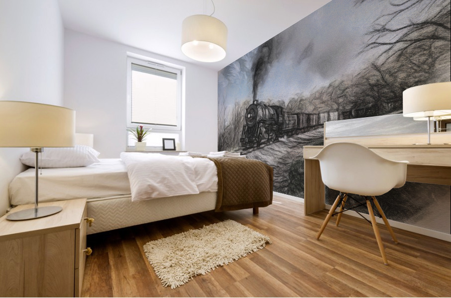 WMRR Steam train in charcoal sketch Mural print