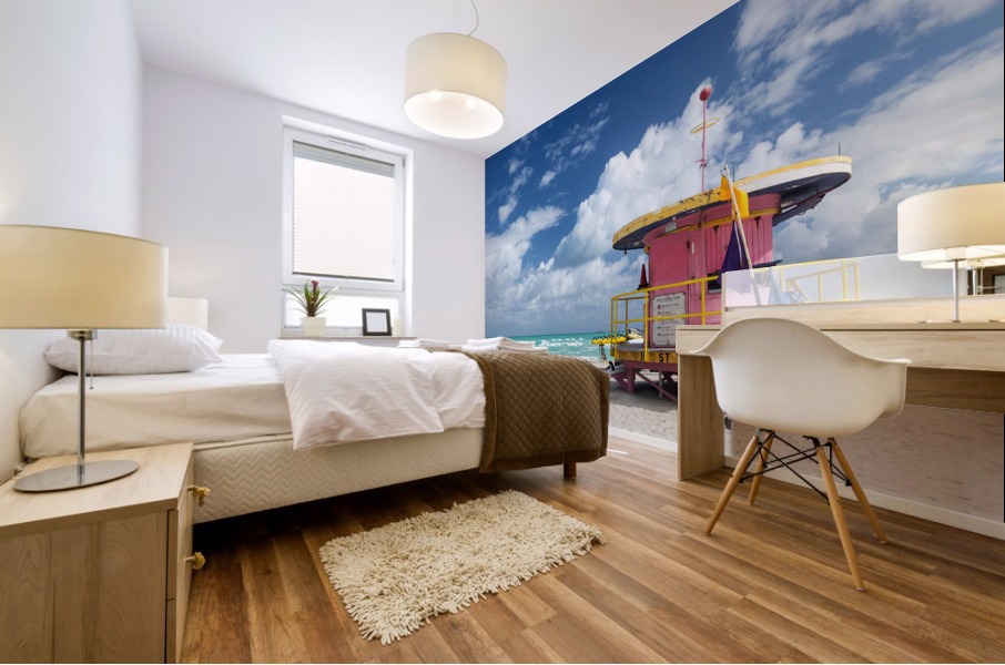 Round pink lifeguard station on Miami beach Mural print