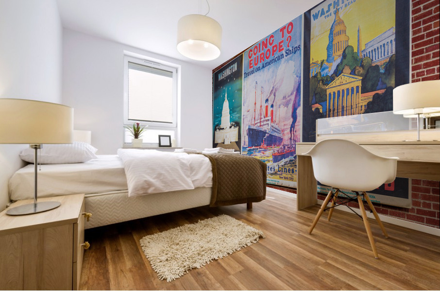 Three antique travel posters on the wall  Mural print