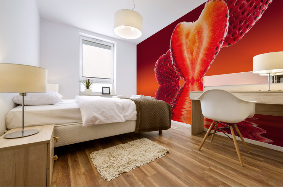 Fresh sliced strawberry in heart shape reflected Mural print