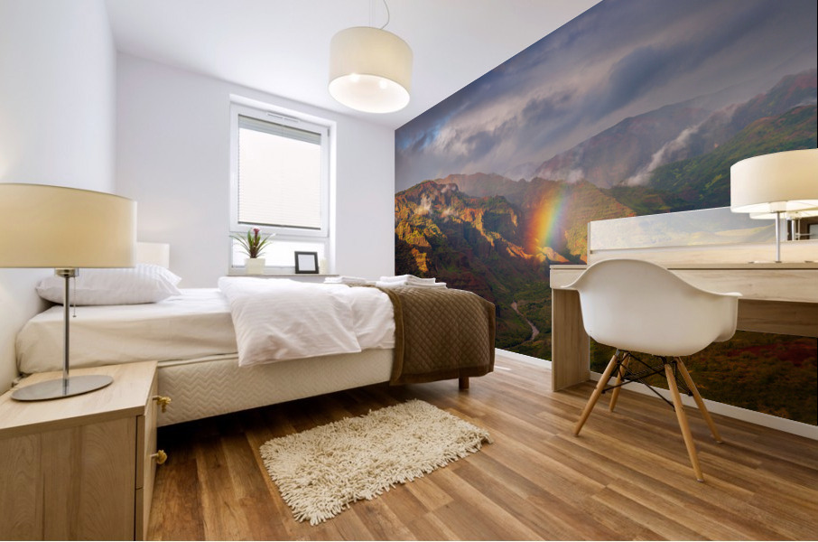 Dramatic rainbow over Waimea Canyon Mural print