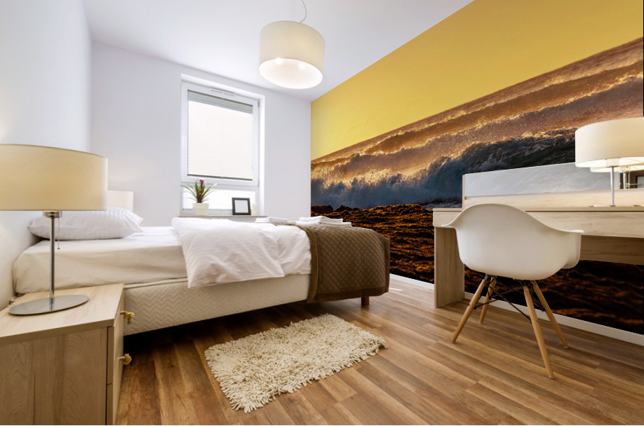 Setting sun lights crashing waves Mural print