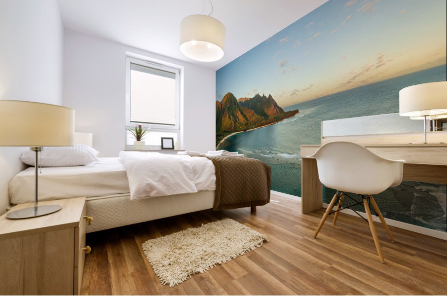 Panorama aerial view of Tunnels Beach at sunrise on Kauai in Hawaii Mural print