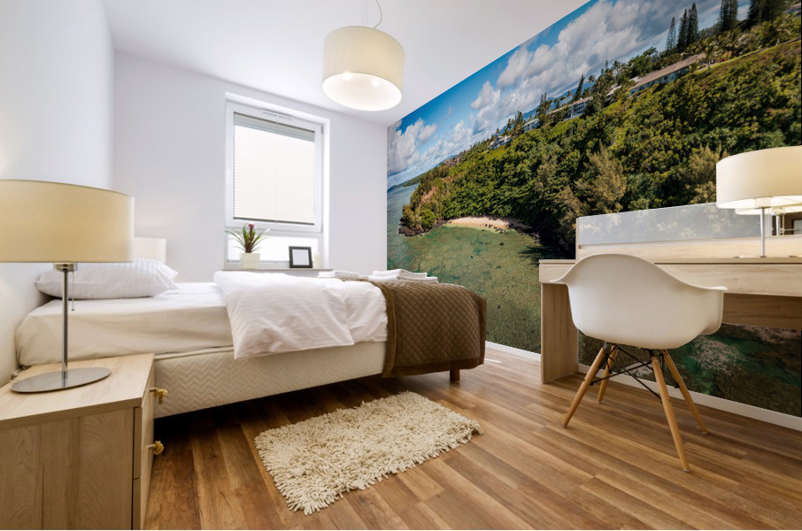 Overhead panorama view of Sealodge beach in Princeville on Kauai Mural print