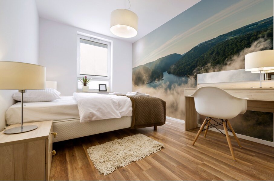Mist rises from Cheat Lake in the early morning as the sun rises Mural print