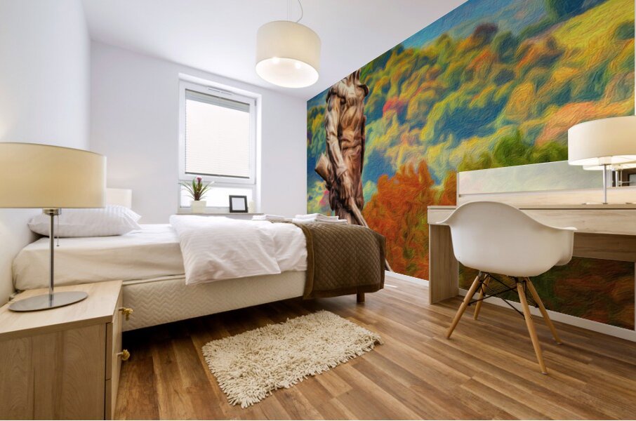 WVU Mountaineer statue painting in the fall in West Virginia Mural print