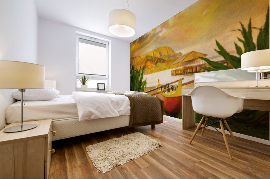 Painting of Hawaiian canoe by Hanalei Pier Mural print