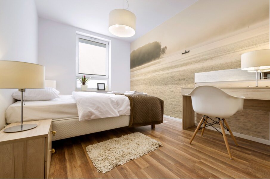 Fisherman fishing in Mississippi river on misty autumn morning Mural print