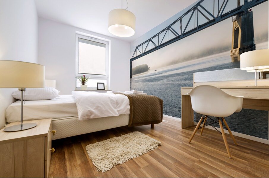 Fisherman fishing in Mississippi river on misty autumn morning Mural print