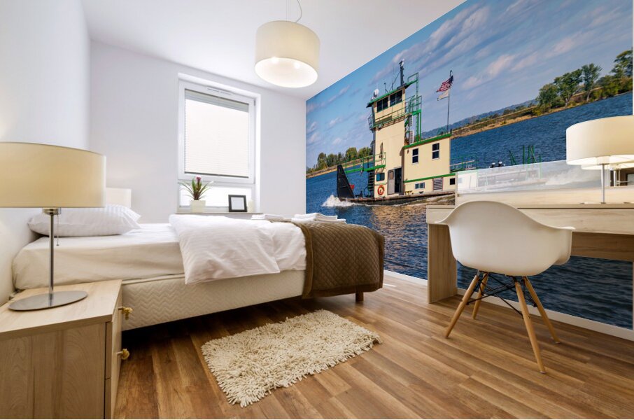 Tug boat or pusher boat leaving Lock and Dam 22 on Mississippi r Mural print