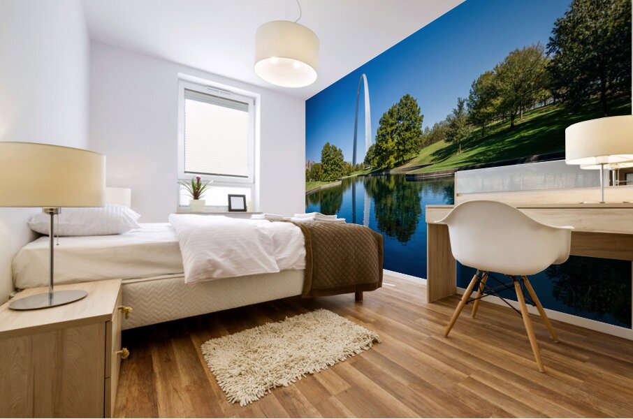 Gateway Arch of St Louis Missouri reflecting in the lake Mural print