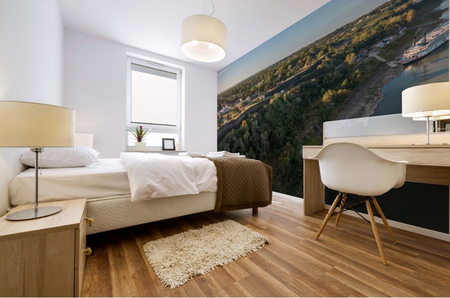 Modern and old river cruise boats docked in Natchez Mississippi Mural print