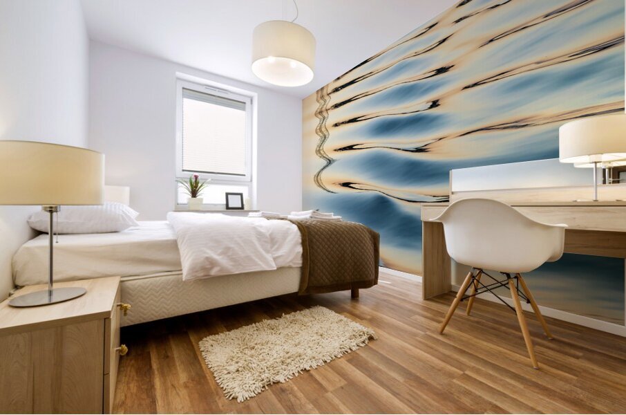 Reflections of electricity pylon at sunset in gentle river rippl Mural print