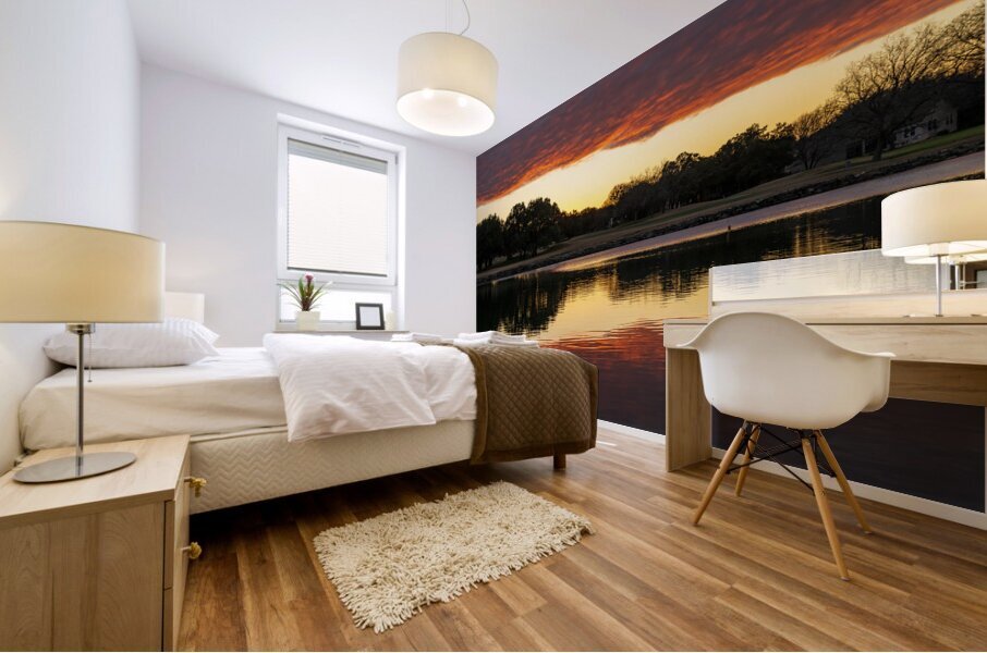 Dramatic sunset over Legacy Hills Park lake and golf course near Impression murale